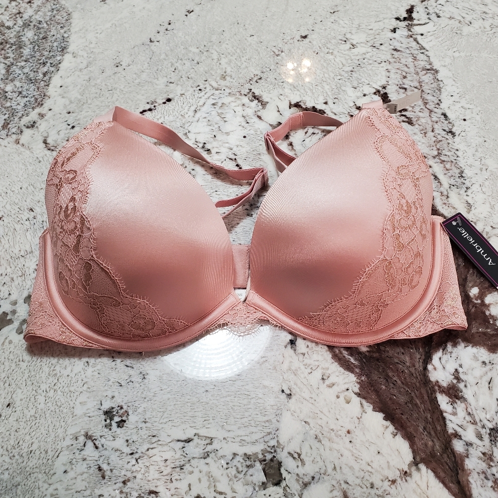 New Ambrielle Pink Plunge Bra with Lace Detail - Picture 3 of 10
